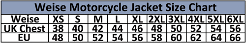 Weise W Tex Touring Motorcycle Jacket Sizing Chart