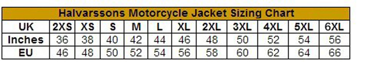 Halvarssons Vansbro Laminated Motorcycle Jacket size chart