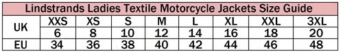 Lindstrands Lady Textile Motorcycle Jacket Size Chart