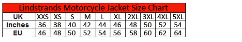 Lindstrands Motorcycle Jacket size chart