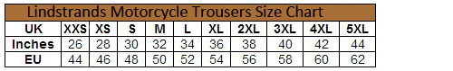 Lindstrands textile motorcycle Trousers Size Chart