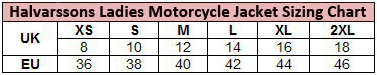 Halvarssons Vitsand Lady Waterproof Leather Motorcycle Jacket size chart
