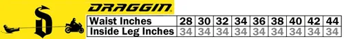 Draggin Classic Kevlar Motorcycle Jeans size chart