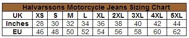 Halvarssons Nyberg Stretch Motorcycle Jeans size chart